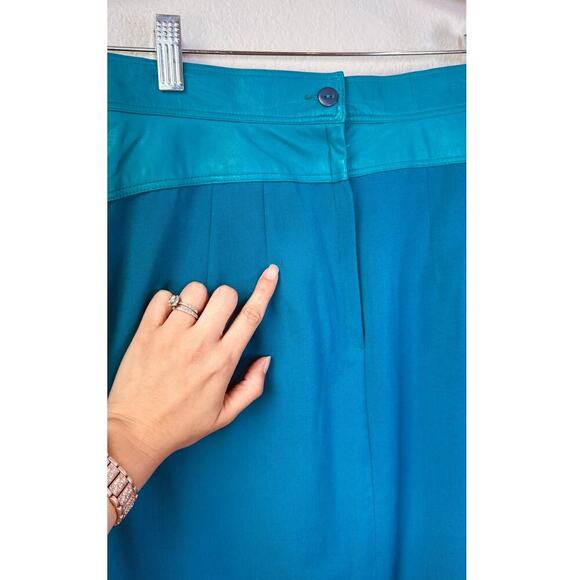 Vintage Western Teal‎ Blue Wool w/ Leather Waist Midi Skirt Size 8 - Picture 6 of 9